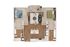 Modern floor plan showcasing two spacious bedrooms, a cozy living room, and an elegant open kitchen with an island.