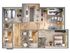 Modern 3D floor plan showcasing two bedrooms, an open-concept living and dining area, stylish kitchen with island, and two bathrooms, featuring wood flooring and contemporary furnishings.