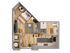Charming 1-bedroom modern apartment layout featuring an open living area, sleek kitchen, and inviting decor.