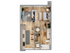 Modern 2D floor plan showcasing an elegant one-bedroom apartment with open-plan living area, chic kitchen, and stylish bathroom, featuring wood flooring and tasteful decor.