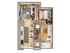 Contemporary floor plan highlighting a cozy bedroom, modern kitchen with sleek appliances, inviting living area, and elegant bathroom.