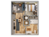 Modern floor plan featuring a cozy open-concept living area, one spacious bedroom, and a sleek kitchen with elegant finishes.