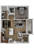 Stylish one-bedroom apartment floor plan with open living and kitchen area, private balcony, spacious bathroom, and dedicated dining space.