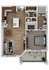 Modern one-bedroom apartment floor plan with open kitchen and living area, spacious bathroom, and patio.