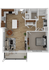 Contemporary floor plan featuring one bedroom, open kitchen, living room, bathroom, and balcony.