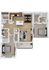 Spacious 2-bedroom modern apartment floor plan with kitchen, living room, and dining area.