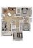 Modern apartment floor plan featuring two bedrooms, a spacious kitchen, and an open living area