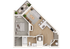 Modern one-bedroom apartment floor plan showcasing an open-concept living room with sleek kitchen, cozy bedroom, and stylish bathroom design. Includes a private balcony for outdoor relaxation.