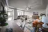 Spacious open-concept living area with modern furnishings, hardwood floors, and stylish decor in a contemporary apartment.
