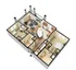 Modern 3D floor plan with 3 bedrooms, sleek open kitchen, and spacious living area, featuring chic interior design.