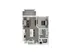 Modern apartment floor plan featuring one bedroom, open-concept living and dining area, stylish kitchen with island, and a sleek bathroom layout.