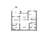 Modern floor plan with 2 bedrooms, stylish kitchen, and a spacious living room opening to a patio, ideal for comfortable living.