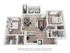 Contemporary 3D floor plan showcasing 2 bedrooms, a modern open living and dining area, and a sleek kitchen with island seating. Includes two bathrooms and a private balcony for relaxation.