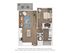 Modern 1-bedroom apartment floor plan featuring open-concept living area with cozy furniture, sleek kitchen, spacious bathroom, and charming balcony.