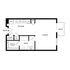 Elegant studio floor plan featuring an open-concept kitchen, bath, closets, and a private patio.