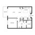 Inviting floor plan with a spacious bedroom, open living-dining area, and a full kitchen opening to a balcony.