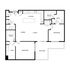 Contemporary floor plan with 2 bedrooms, open dining and living area, and balcony access.
