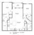 Elegant floor plan featuring two bedrooms, two bathrooms, a spacious living room with patio access, modern kitchen, and dedicated dining area in an open-concept layout.