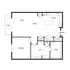 Modern 1-bedroom apartment floor plan with spacious living and dining area, open kitchen, and private patio.