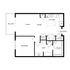 Modern floor plan showcasing a spacious 1-bedroom apartment with an open living and dining area, sleek kitchen, and a private balcony.