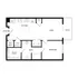 Modern floor plan showcasing a spacious 1-bedroom layout with an open-concept kitchen and living area, a luxurious bath, and a private patio.