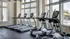 Bright apartment gym with high-end treadmills and natural light from large windows overlooking a pool area.