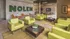 Modern lounge area with vibrant green seating, sleek tables, and stylish brick wall decor, perfect for relaxing and socializing.