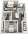 Modern apartment floor plan with a single bedroom, open living area, and sleek kitchen design.
