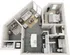3D floor plan showcasing a one-bedroom apartment with an open living area and modern kitchen.