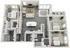 3D floor plan of an apartment featuring an open living area, modern kitchen, and three bedrooms.