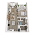 Contemporary 3D floor plan featuring a spacious living room, one bedroom, modern kitchen, and bathroom.