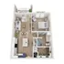 Stylish 3D floor plan of a 1-bedroom apartment with an open living area and modern kitchen.