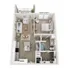 3D floor plan of a charming one-bedroom apartment with open living area and kitchen.