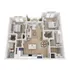 Elegant 3D floor plan illustrating 2 bedrooms, a comfortable living area, and a sleek kitchen.