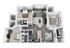 Modern 3D apartment floor plan showcasing 3 bedrooms with walk-in closets, a spacious open living and dining area, a sleek kitchen with an island, and two elegant bathrooms.