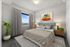 Elegant bedroom with a cozy bed, lush greenery, and a modern art piece, offering a serene cityscape view through a large window.