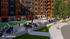 Chic urban courtyard featuring modern seating areas, greenery, and lively social spaces.