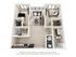 3D floor plan showcasing three bedrooms, a central living area, and a modern kitchen.