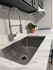 Close-up of a stylish kitchen with a stainless steel sink, elegant faucet, and gas stove, accented by dark cabinetry and a potted plant.