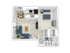 Charming 3D floor plan displaying a cozy one-bedroom apartment with an open living area, modern kitchen, and elegant bathroom.