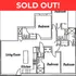 Spacious floor plan featuring 3 bedrooms, a modern kitchen, expansive living room, and 2 bathrooms, marked as sold out.