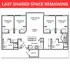 Spacious floor plan showcasing 4 bedrooms with walk-in closets, stylish kitchen with island, and open living-dining area. Last shared space available.