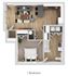 Modern 1-bedroom apartment floor plan featuring an open-concept living area, stylish kitchen, and spacious bathroom.