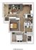 Modern 2-bedroom apartment floor plan with open living area, sleek kitchen, and elegant furnishings.