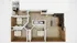 Modern floor plan showcasing three bedrooms, open kitchen with island, and expansive living area featuring sleek wood flooring.