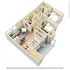 Modern 3D apartment layout featuring two cozy bedrooms, a stylish open-concept living and dining area, a functional kitchen, and a pristine bathroom.