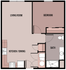 Contemporary 1-bedroom apartment floor plan with spacious living room, modern kitchen/dining area, and well-appointed bathroom.