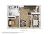 Modern 3D floor plan showcasing 2 bedrooms, stylish open living area, and a sleek kitchen with island seating.