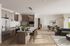 Modern open-concept apartment with a sleek kitchen island, elegant dining area, and stylish living space.