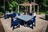 Shore Acres Apartments in Indianapolis, IN - Charming outdoor patio with modern dining tables, chic blue chairs, and a stylish pergola, ideal for entertaining and relaxation.